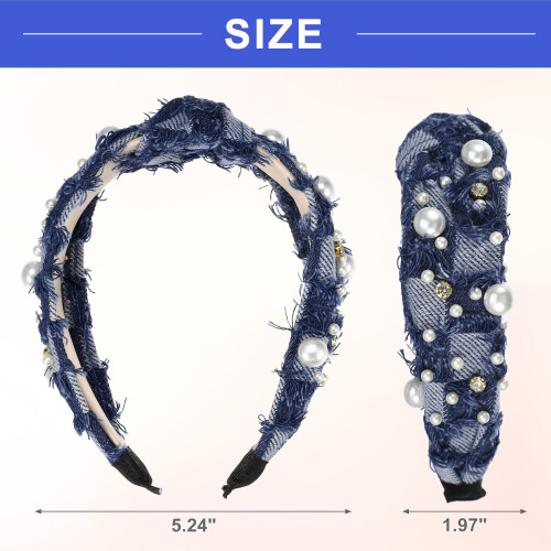 Pearly Crystal Knotted Headband Deep Blue 5.24" x 1.97" 2