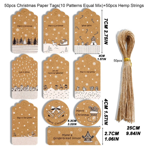 Christmas Paper Tags Brown with Jute 50PCS 2