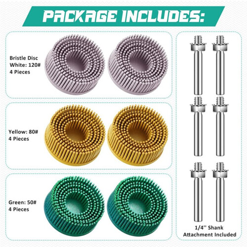 Conjunto de 12 Discos de Cerdas de 2 Polegadas com Grãos 120, 80 e 50, com Encaixe de 1/4 de Polegada. 1