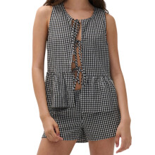(L, Black) Women 2-Piece Summer Outfits Stripe/Plaid Tie Front Tank Tops and Elastic Shorts for Club Streetwear Fashion Clothes