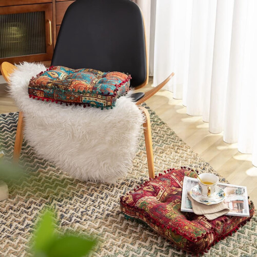 Bohemian Patchwork Square Chair Cushion Cotton Linen 2