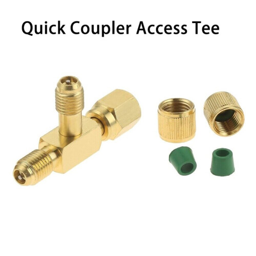 Quick Coupler Access Tee, 1/4'' SAE Valves Core Tee Adapter Brass Refrigerant with Swivel Connector 2