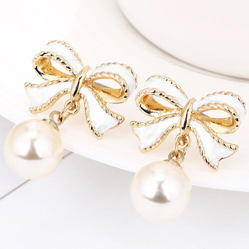 Pearl Drop Dangle Earrings with Bow Design for Women 1