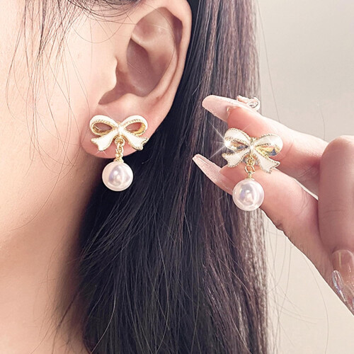 Pearl Drop Dangle Earrings with Bow Design for Women 2