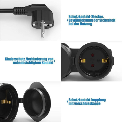 Double Plug for Socket, Extension Cable with 2 Schuko Sockets, Multiple Socket Outdoor, 16 A / 250 V,EU Plug 1