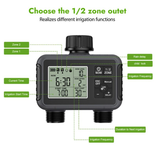 Water Timer Intelligent 2 Outlet Irrigation Watering System Sprinkler Timer Garden Programmer LCD Display 2