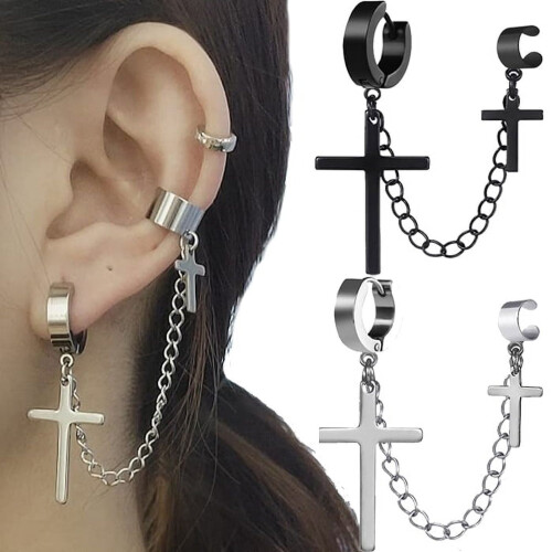 Punk Cross Tassel Earrings Metal Chain Clip Stud 2
