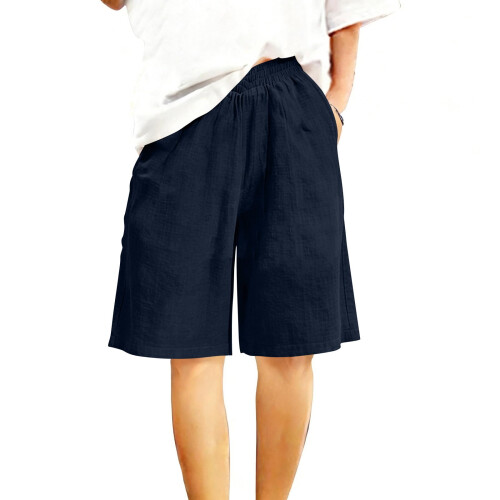 Women's Navy Blue Linen Blend Bermuda Shorts L 1