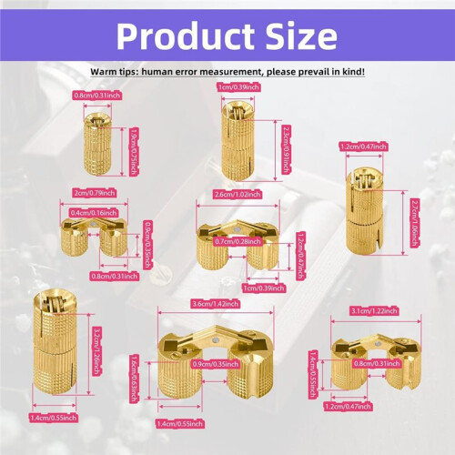 8Pcs Brass  Hinges Hidden Set, 8mm/10mm/12mm/14mm Invisible  Hinge, 180 Degree Opening Angle 1