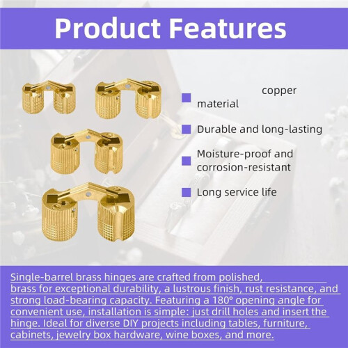 8Pcs Brass  Hinges Hidden Set, 8mm/10mm/12mm/14mm Invisible  Hinge, 180 Degree Opening Angle 2
