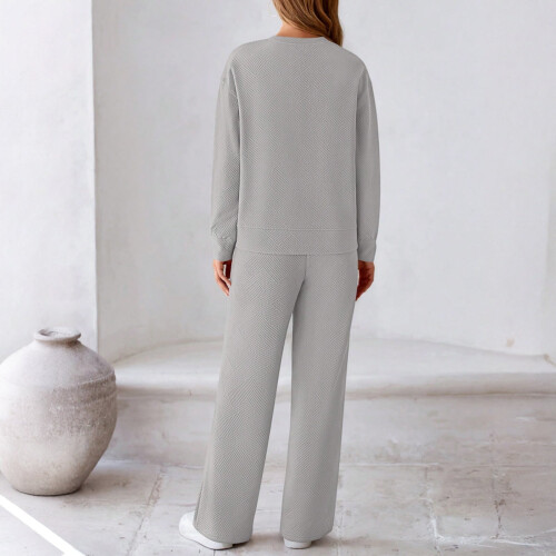 Women's Fall Solid Textured Drawstring 2-Piece Tracksuit Set Light Gray M 2