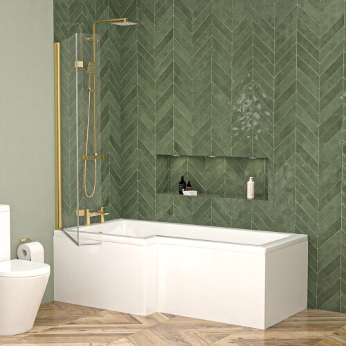 NES Home Nes Home Left L Shaped Shower Bath With Front End Panel & Brushed Brass Screen 1