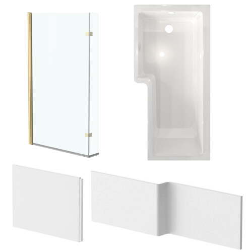 NES Home Nes Home Left L Shaped Shower Bath With Front End Panel & Brushed Brass Screen 2