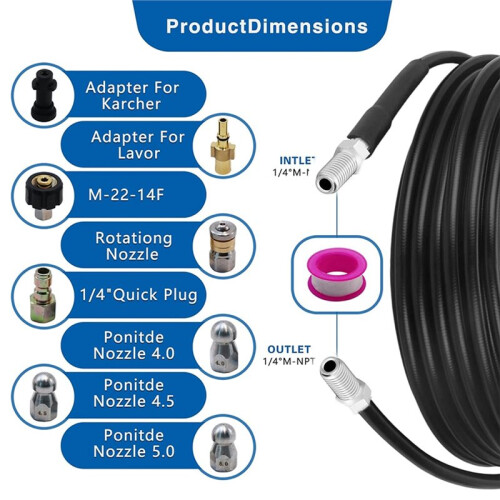 15m 400 Bar Pipe Cleaning Hose Set,140C High Temp,Compatible with  -K7  Pressure Washers,Includes Adapter 1