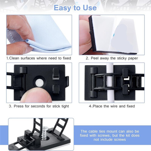 100PCS Adjustable Adhesive Cable Ties Cable Clips, Self-Adhesive Nylon Cable Straps, Adhesive Cable Management Clips 1