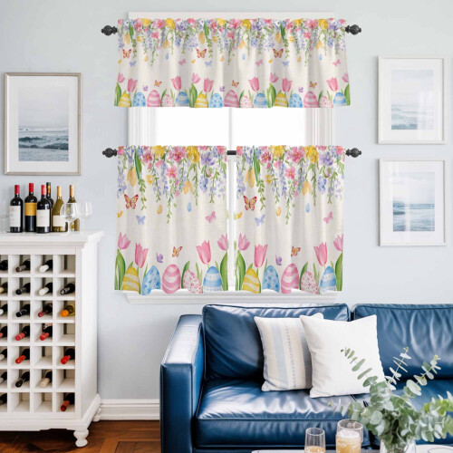 Easter Eggs Kitchen Curtains Set Watercolor Spring Floral 1