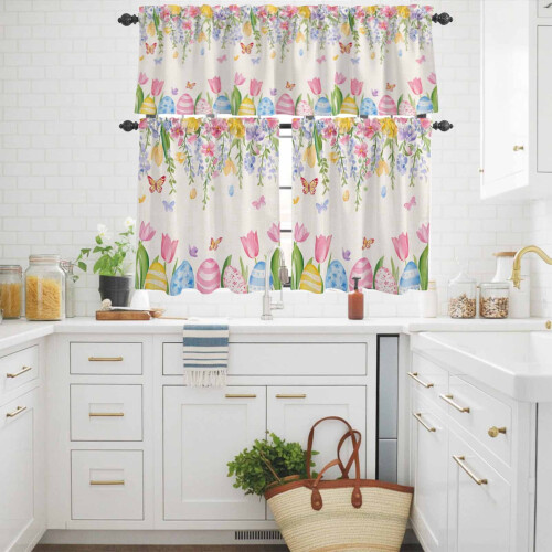 Easter Eggs Kitchen Curtains Set Watercolor Spring Floral 2