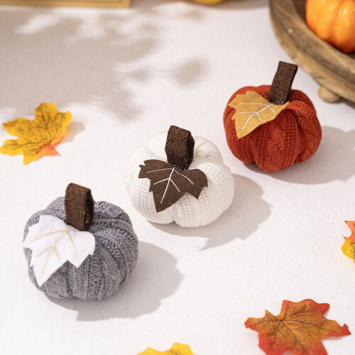 3 Κολοκύθες Faux Fall Harvest Crochet (Πορτοκαλί/Γκρι/Λευκό) – Ρουστίκ διακόσμηση αγροικίας 2