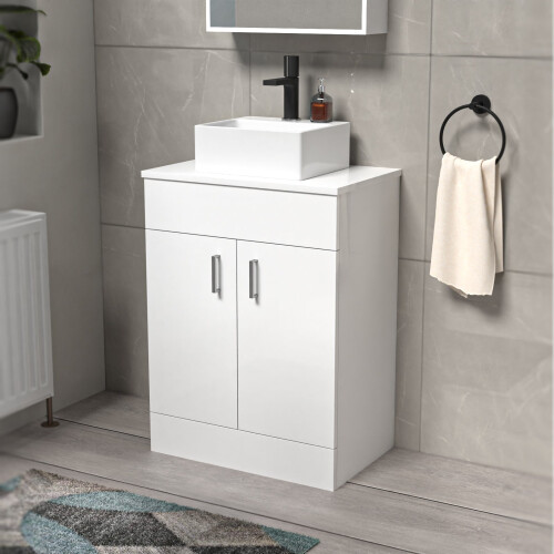 NES Home Nanuya White 600mm Bathroom Doors Vanity Unit Rectangle Ceramic Basin