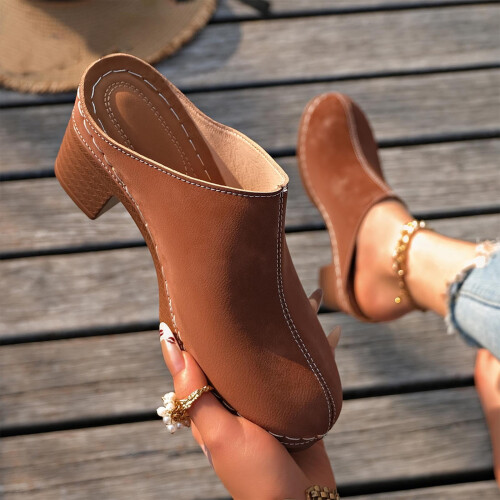 Καφέ γυναικεία ψηλοτάκουνα mules casual με κλειστά δάχτυλα, slip-on, τακούνι, πλατφόρμα, 1