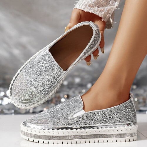 Γυναικεία ασημί slip-on μοκασίνια, φλατ πλατφόρμα με διακόσμηση στρας, στρογγυλή 1