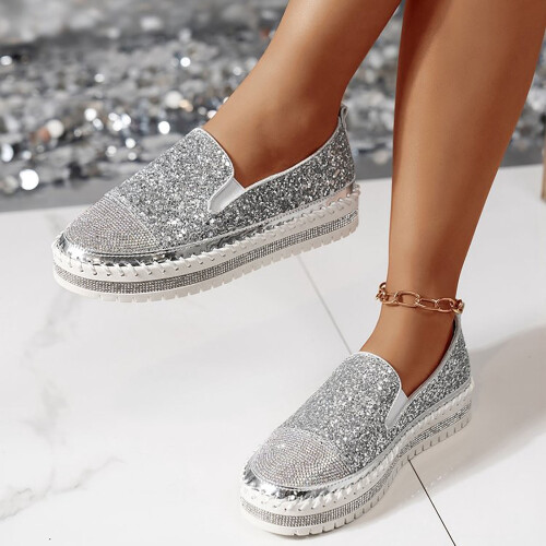 Γυναικεία ασημένια slip-on μοκασίνια με στρας, φλατ πλατφόρμα, με στρογγυλή μύτη, 2