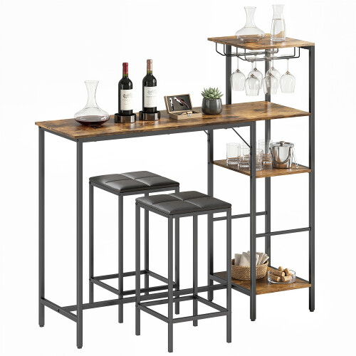 Homcom (Brown) HOMCOM 3Pcs Breakfast Bar Table and Stools Set 4-tier shelving 1
