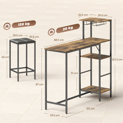 Homcom (Brown) HOMCOM 3Pcs Breakfast Bar Table and Stools Set 4-tier shelving 2