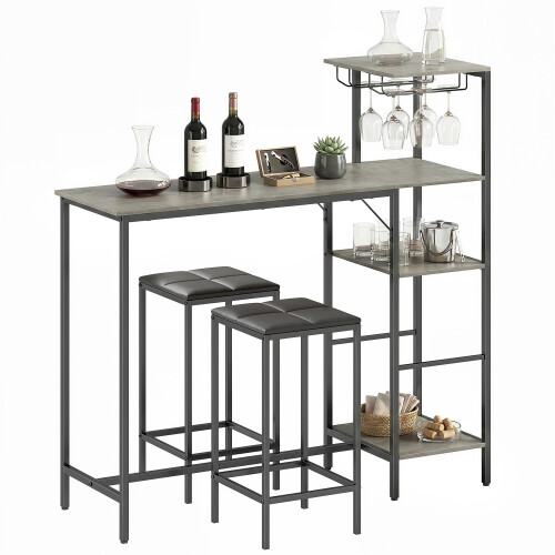 Homcom (Grey) HOMCOM 3Pcs Breakfast Bar Table and Stools Set 4-tier shelving 1