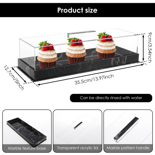 Rectangular Acrylic Cake Tray with Lid – Clear Marbleized Dessert Display Case, Reusable Countertop Cake Stand, Compatible with Standard Sizes 2