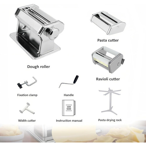Pasta Maker Machine with 9 Adjustable Thickness Settings, 2 in 1 Noodle Maker Includes Pasta Cutter, Ravioli Maker Attachment & Pasta Drying Rack 1