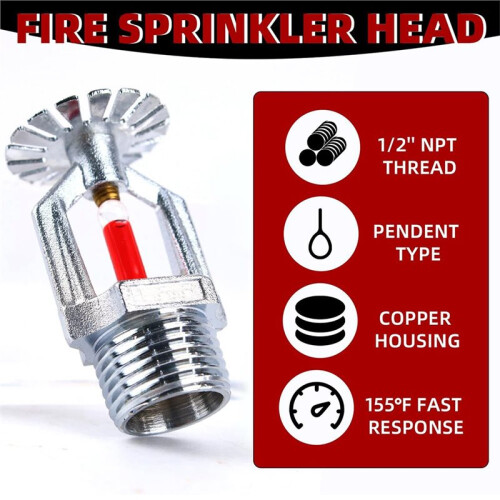 6 Pcs Fire Sprinkler  - Copper Chrome, 1/2" NPT 155(68C) Pendent Type Spray, K80 Fast Response Automatic 1