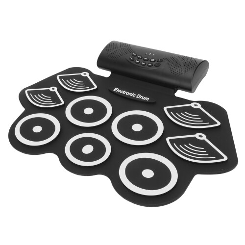 Beginner Drum Kit Electronic Drum Set with Roll-Up Drum Pad Built-In Stereo Speakers, Headphone Jack Adjustable Volume Recording Function Portable 2