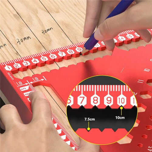 Triangle Ruler with Positioning Pin, Woodworking Multi Angle Ruler , High-Precision Right Angle Scribe Marking Ruler 12inch Red 2
