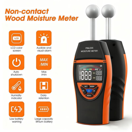 Pinless Moisture Meter with Spherical Humidity Sensor, Color LCD Screen & Alarm Function, Measurement Depth for Wood 2