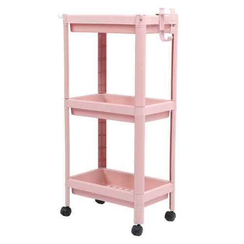Pink 3-Tier Plastic Floor Shelf with Wheels