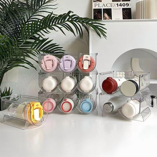 Stackable Cup Holder Organizer for Refrigerator Rotation Wine/Water Bottle Rack Kitchen Pantry Space-Saving Storage Shelf 2