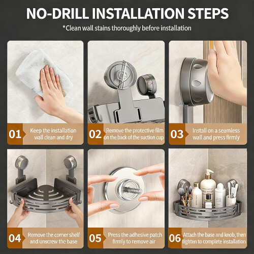 No-Drill Suction Cup Corner Shower Shelf, Rustproof Bathroom Storage Rack, Compatible with Smooth Surfaces (Gray, 2PCS) 2