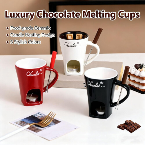 Ceramic fondue cup with fork and candle set 2