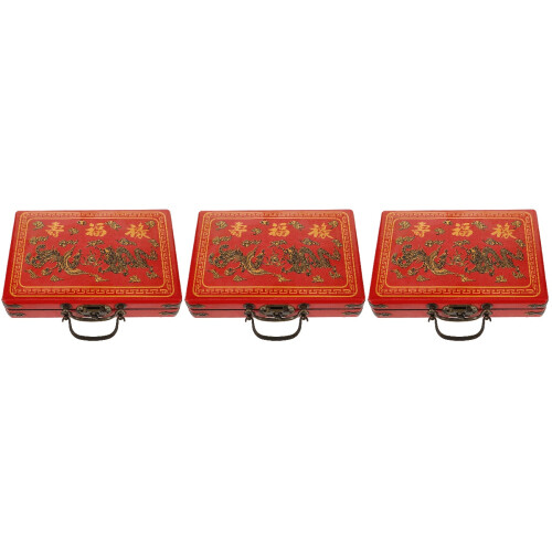 3Pcs Red Wooden Mahjong Case Storage Box with Carry Handle