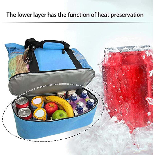 Bolsa de praia impermeável e resistente à areia com compartimento térmico na parte superior. 2