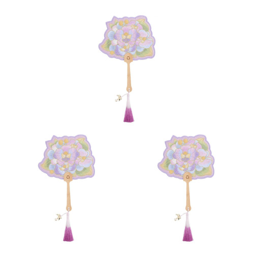 3Pièces Éventail Brodé Orchidée Manche En Bois