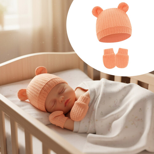 Infant Hat and Mittens Set with Bear Ears Design Elastic 1