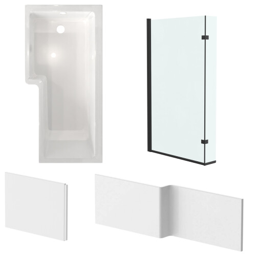 NES Home Nes Home Left L Shaped Shower Bath With Front End Panel & Matte Black Screen 2