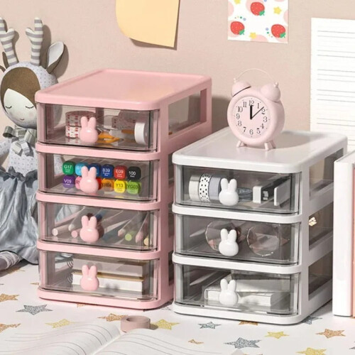 2-5 Layers Clear Stacking Drawer Organizer Multi-Tier PP Storage Box Cartoon for Office/Beauty Products, Modular Desktop System 1