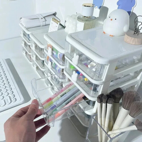 2-5 Layers Clear Stacking Drawer Organizer Multi-Tier PP Storage Box Cartoon for Office/Beauty Products, Modular Desktop System 2