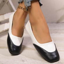 Women's Beige PU Slip-On Flats Square Toe Color Block Size