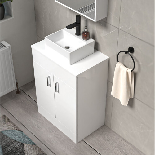NES Home Nanuya White 600mm Bathroom Doors Vanity Unit Rectangle Ceramic Basin 2