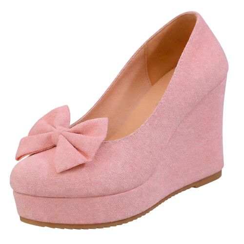 Willtoo Women's Bow Platform Wedge High Heels Ankle Strap Pumps Pink 1