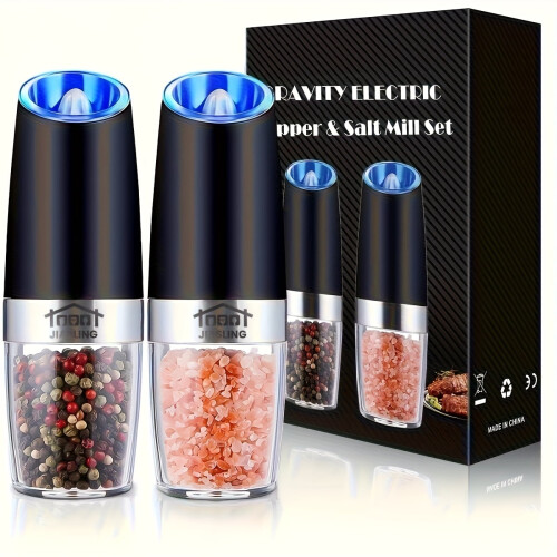 2PCS Gravity Electric Salt Pepper Grinder LED Light Adjustable Coarseness Black 1